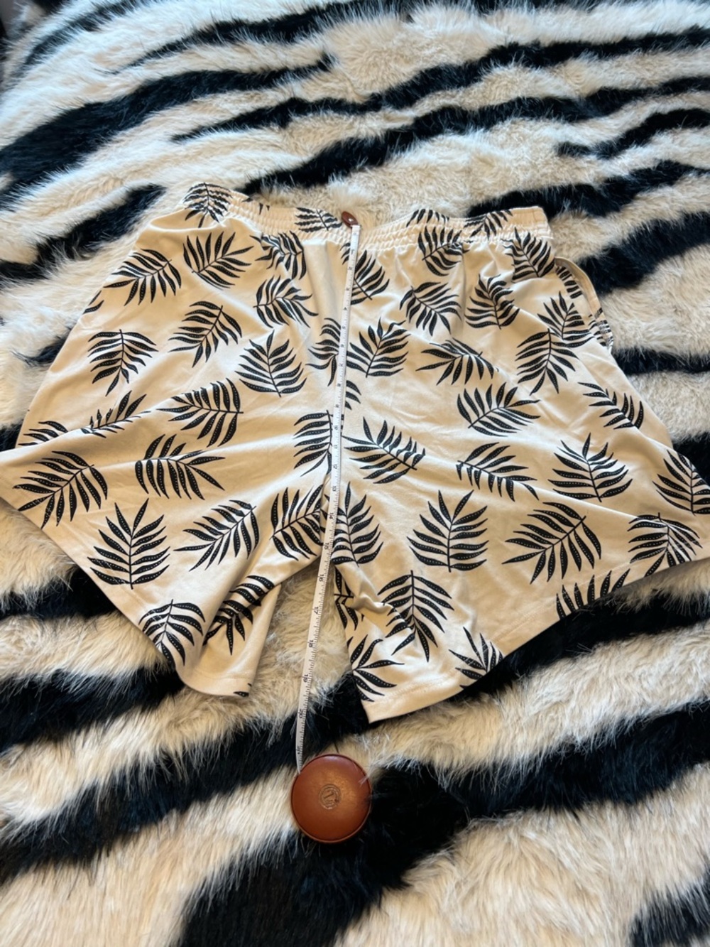 AnyBody Beige Cozy Shorts with Black Leaf Print